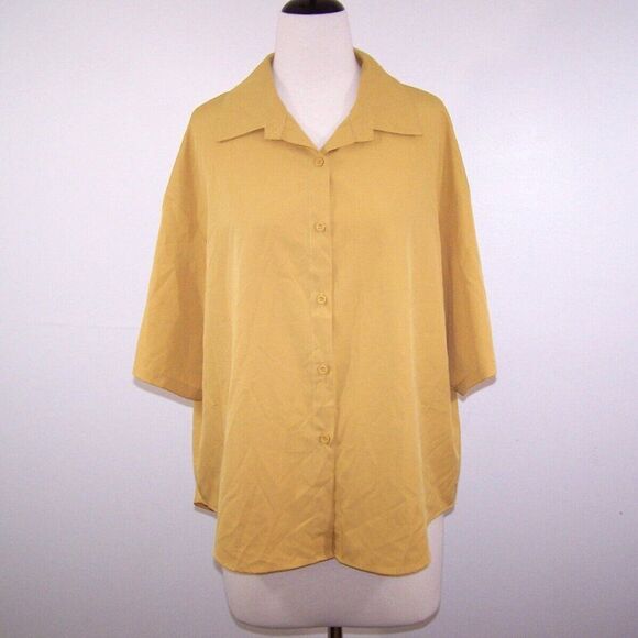 Shein Curve Top Shirt Womens 1XL Button Front Short Sleeve Mustard Yellow Blouse - Picture 3 of 8